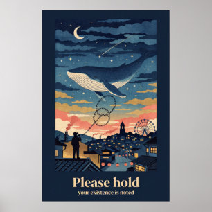 Póster de ballena nocturna estilo grabado en mader