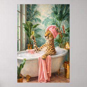 Póster de baño de leopardo, arte divertido de baño