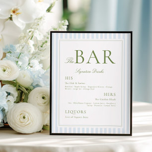 Póster de BAR a rayas azules y salvia elegante
