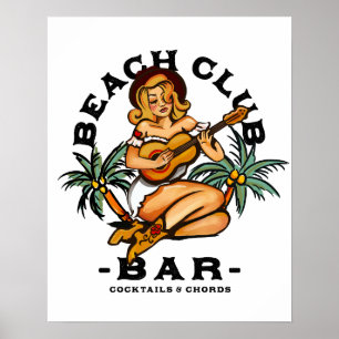 Póster de bar de playa. Pinup de guitarra retro Sa