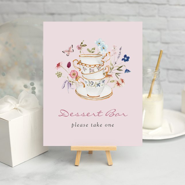 Póster de barra de postres rosados (Pink Floral Tea Cup Dessert Bar Poster with Butterfly by Painted Paperie
)