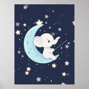 Póster de bebé elefante pescando estrellas