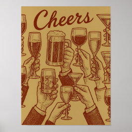 Póster de bebidas de brindis rojo dorado metálico
