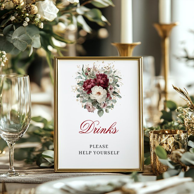 Póster de bebidas de lujo rosa burdeos para desped (Luxury Blush Burgundy Drinks Poster Bridal Shower)