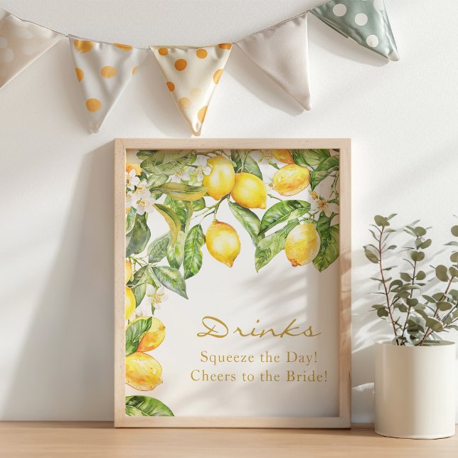 Póster de Bebidas Florales de Limón para Despedida (Lemon Floral Drinks Bridal Shower Poster
)