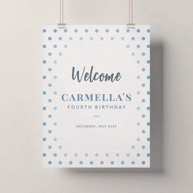 Póster de bienvenida a la fiesta de cumpleaños con (Blue Polka Dot - 18x24" Birthday Welcome Sign Poster)