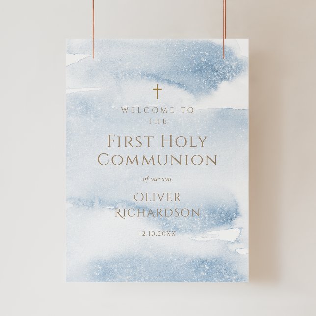 Póster de bienvenida a la primera comunión del niñ (Blue Watercolor Boy First Communion Welcome Poster)
