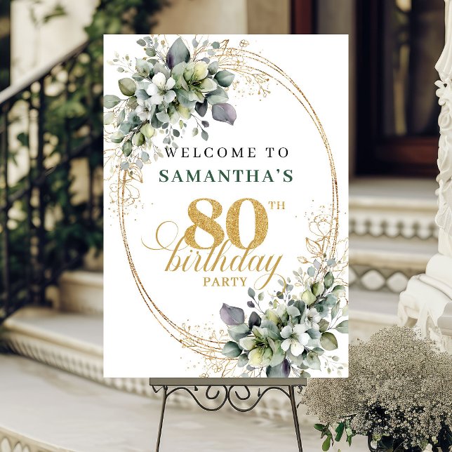 Póster de bienvenida al 80 cumpleaños Boho Eucalip (Boho 80th Watercolor Eucalyptus Welcome Poster)