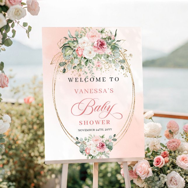 Póster de bienvenida al baby shower Clásico Boho B (Classic Boho Blush Roses Baby Shower Welcome Poster

)
