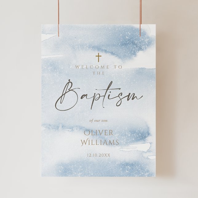 Póster de bienvenida al bautizo de niño con acuare (Blue Watercolor Boy Baptism Poster)