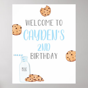 Póster de bienvenida al cumpleaños azul de leche y