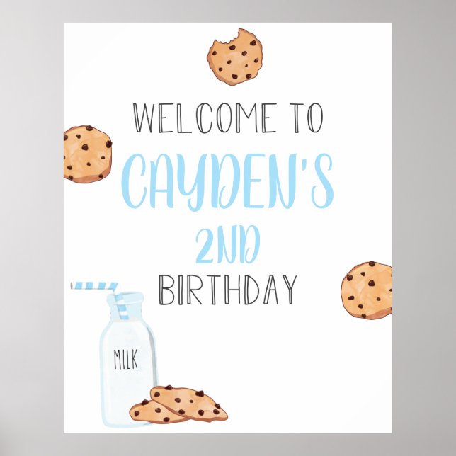 Póster de bienvenida al cumpleaños azul de leche y (Frente)