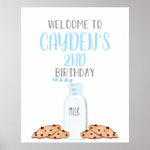 Póster de bienvenida al cumpleaños azul de leche y