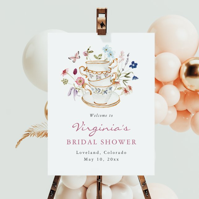 Póster de Bienvenida al Té Nupcial (Elegant Floral Bridal Tea Welcome Poster by Painted Paperie
)
