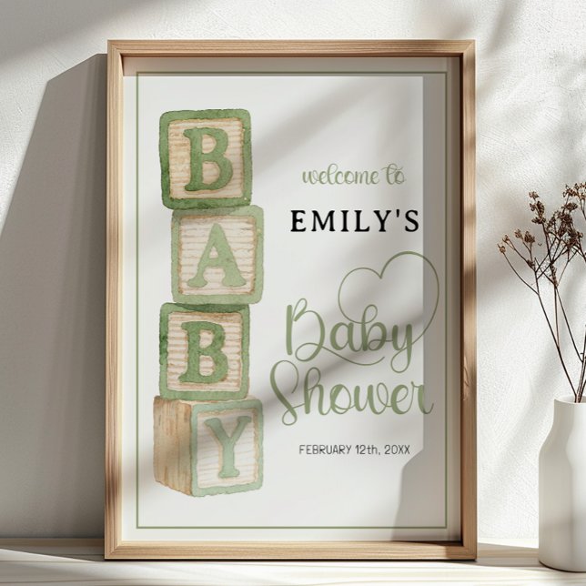 Póster de Bienvenida Bloques Bebé Sage (Baby Shower Welcome Sign)