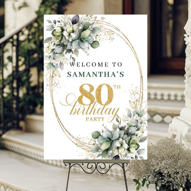 Póster de bienvenida Boho 80 cumpleaños Verde Polv (Boho 80th Dusty Green Foliage Welcome Poster)