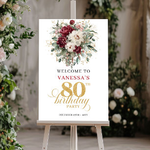 Póster de bienvenida boho borgoña floral para 80 c