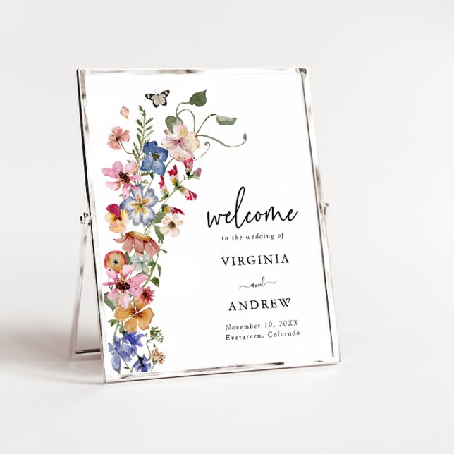 Póster de bienvenida colorido para boda (Colorful Wildflowers Welcome Wedding Poster by Painted Paperie
)