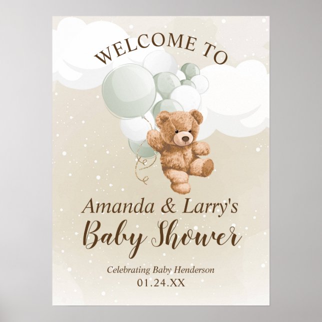 Póster de bienvenida con osito de peluche y globos (Frente)