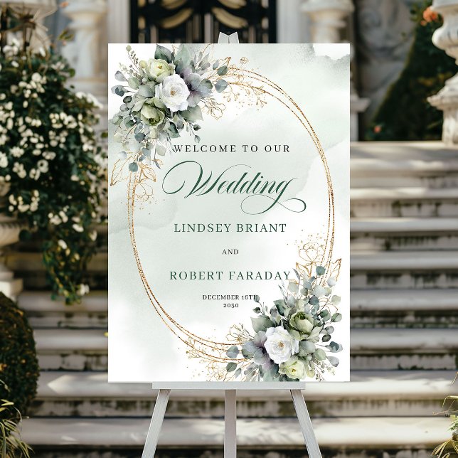 Póster de bienvenida con rosas blancas rústicas y  (Rustic White Roses Greenery Welcome Poster)