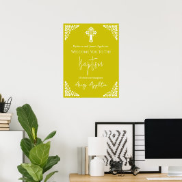 Póster de bienvenida Cruz floral Bautizo Amarillo