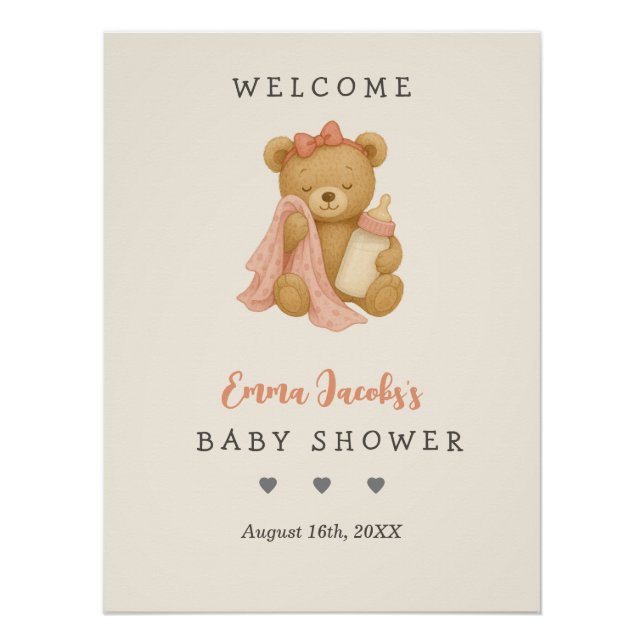 Poster de Bienvenida de Baby Shower Chica de Oso T (Anverso)