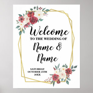Póster de bienvenida de boda acuarela rojo crema