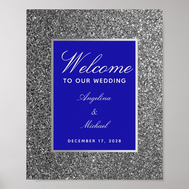 Póster de bienvenida de boda azul real plateado (Frente)