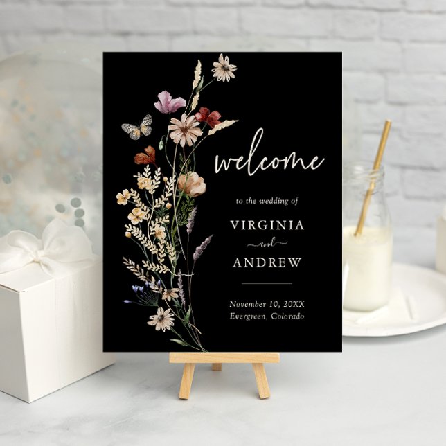Póster de bienvenida de boda Boho negro (Black Boho Watercolor Floral Welcome Wedding Poster with Butterfly by Painted Paperie
)