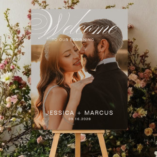 Póster de bienvenida de boda con caligrafía y foto