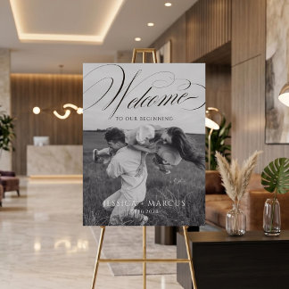 Póster de bienvenida de boda con caligrafía y foto