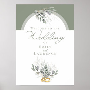 Póster de bienvenida de boda con eucalipto verde s
