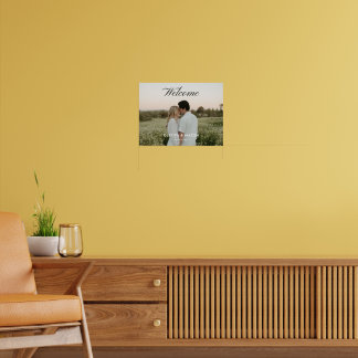 Póster de bienvenida de boda con foto y letra scri
