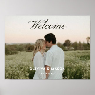 Póster de bienvenida de boda con foto y letra scri