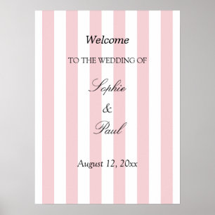 Póster de bienvenida de boda con rayas rosa pastel