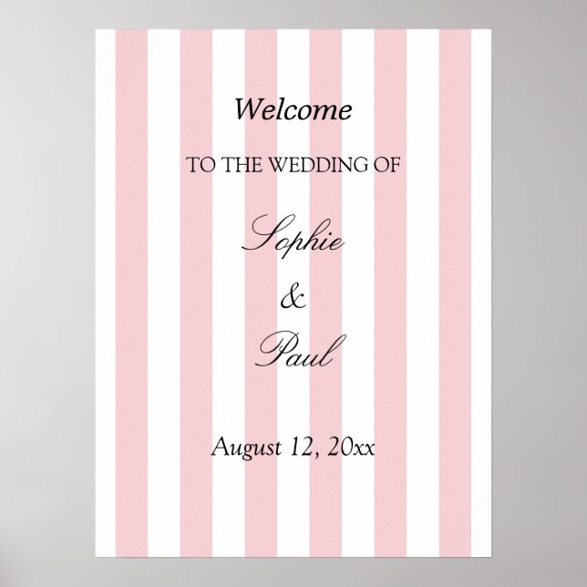 Póster de bienvenida de boda con rayas rosa pastel (Frente)