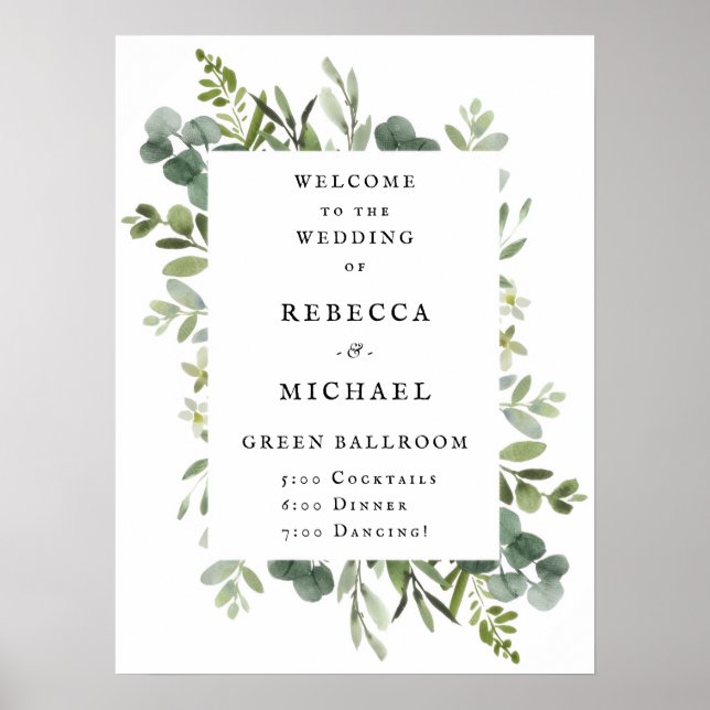Póster de Bienvenida de Boda con Vegetación Elegan (Frente)