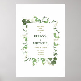 Póster de bienvenida de boda con vegetación elegan