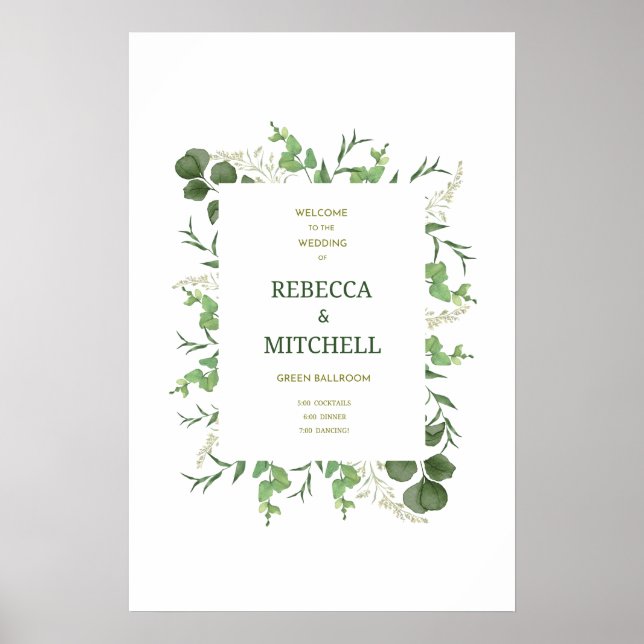Póster de bienvenida de boda con vegetación elegan (Frente)