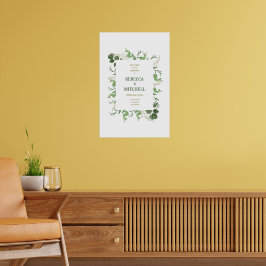 Póster de bienvenida de boda con vegetación elegan