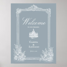 Póster de bienvenida de boda en estilo francés azu