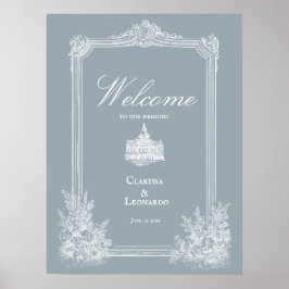 Póster de bienvenida de boda en estilo francés azu