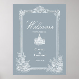 Póster de bienvenida de boda en estilo francés azu