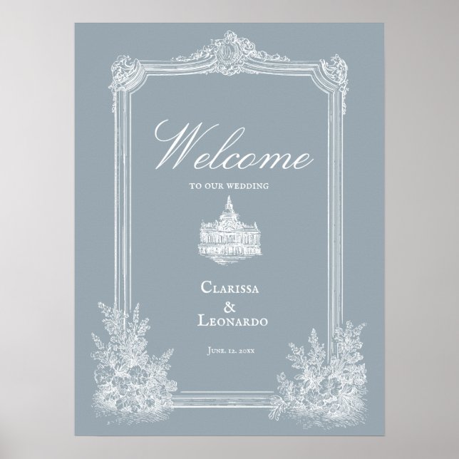 Póster de bienvenida de boda en estilo francés azu (Frente)