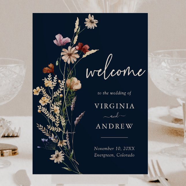 Póster de bienvenida de boda floral boho azul mari (Navy Blue Boho Floral Welcome Sign Wedding Poster by Painted Paperie
)