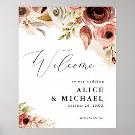 Póster de bienvenida de boda floral de acuarela de