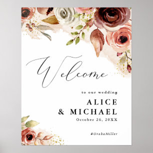 Póster de bienvenida de boda floral de acuarela de