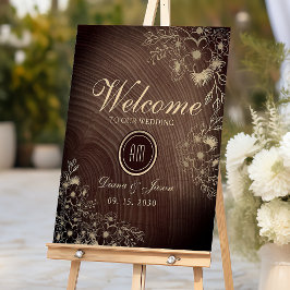 Póster de bienvenida de boda floral de madera rúst