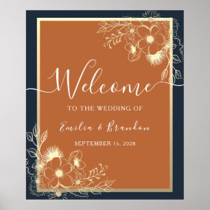 Póster de bienvenida de boda floral dorado