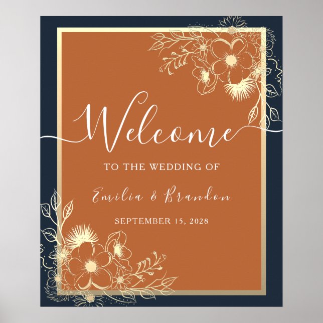 Póster de bienvenida de boda floral dorado (Frente)